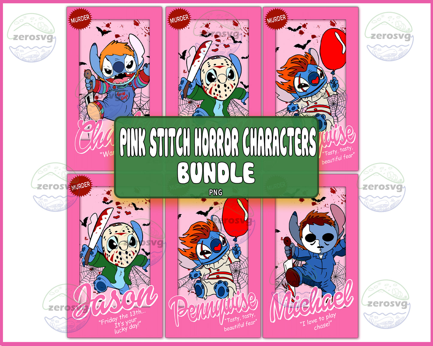 6 file Pink Stitch Horror Characters Bundle PNG, Pink Stitch Horror Characters PNG , Digital Download ,Instant Download