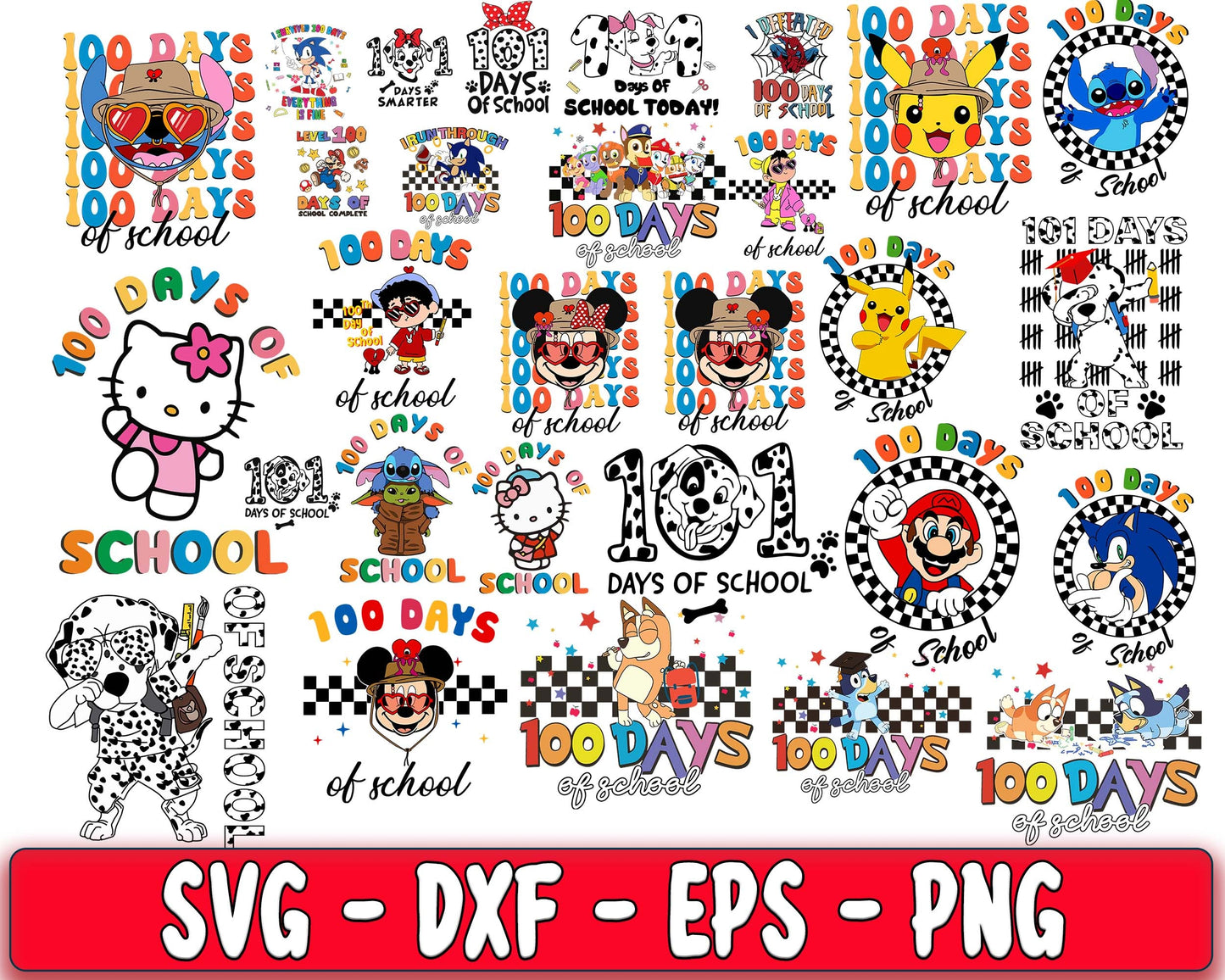 Cartoon 100 day school bundle svg, 110+ file cartoon 100 day school SVG DXF PNG EPS , cricut , file cut , Silhouette, digital download, Instant Download