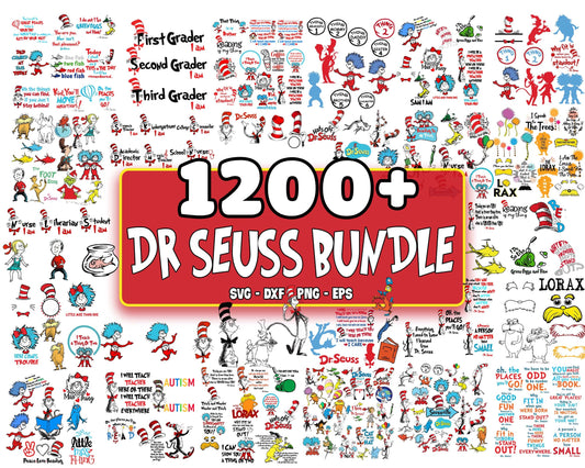 Dr Seuss SVG Bundle - 1200+ files Dr Seuss SVG, EPS, PNG, DXF , bundle dr seuss svg, cat in the hat, the lorax svg, thing 1 thing 2, peace love reading for Cricut, Silhouette
