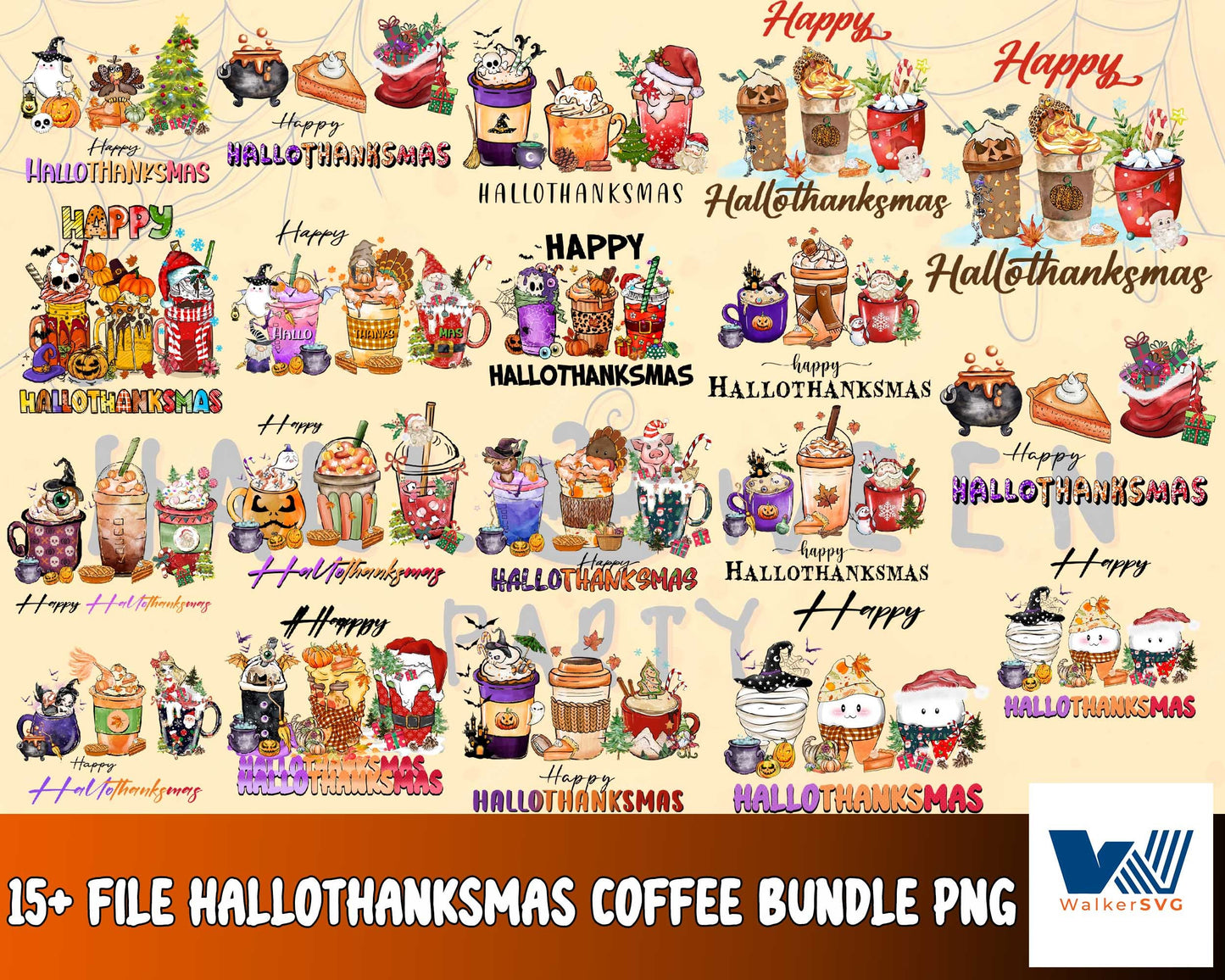 Hallothanksmas Coffee bundle png,15+file Hallothanksmas Coffee Bundle PNG - Christmas coffee PNG ,bundle halloween PNG , Silhouette , Digital download