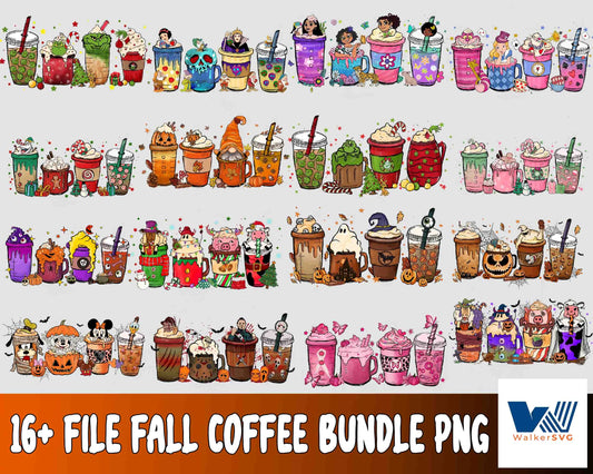 Fall Coffee bundle png,16+ file Fall Coffee Halloween, Christmas , cartoon  bundle  PNG ,bundle halloween PNG , Silhouette , Digital download