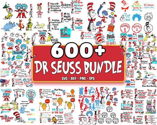 Dr Seuss SVG Bundle - 600+ files Dr Seuss SVG, EPS, PNG, DXF , bundle dr seuss svg, cat in the hat, the lorax svg, thing 1 thing 2, peace love reading for Cricut, Silhouette